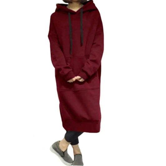 Hoodie Dress Patch Pocket Split Hem Solid Color Pullover Long Dress Casual Wear Winter Warm Drawstring Hooded Sweatshirt Women C - Seprincess