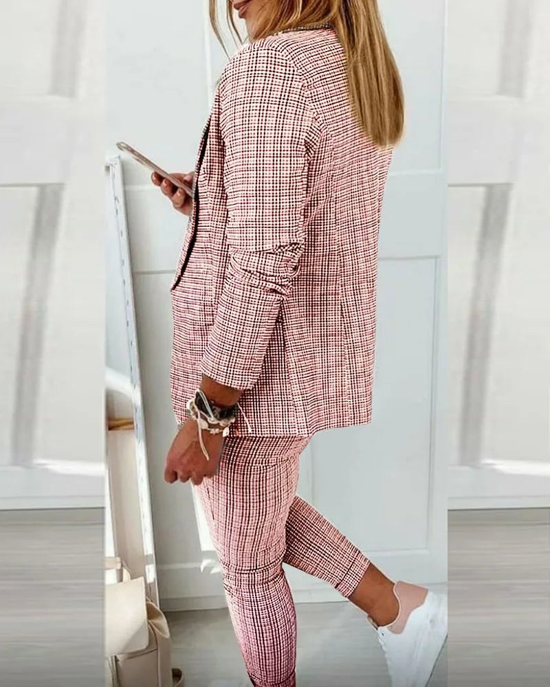 New Autumn Winter Plaid Printing Two Piece Sets Women Casual Notched Collar Blazer & Pants Set Outfits Fashion Elegant Suit Sets - Seprincess