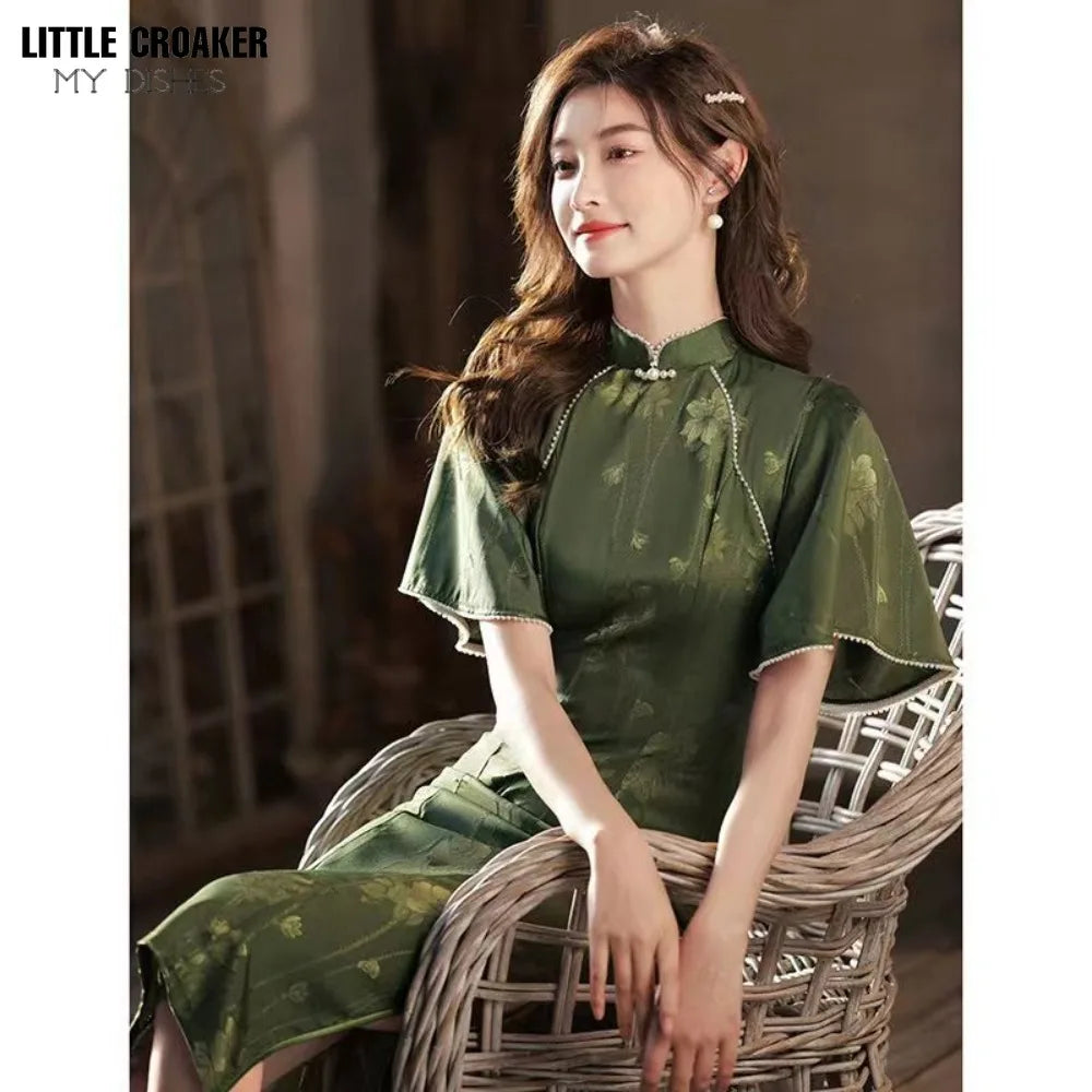 Cheongsam Dress Modern 2024 Women Improved Qipao New Long Waist Chinese Style Dress Sweet Green Chinese Dress Woman - Seprincess