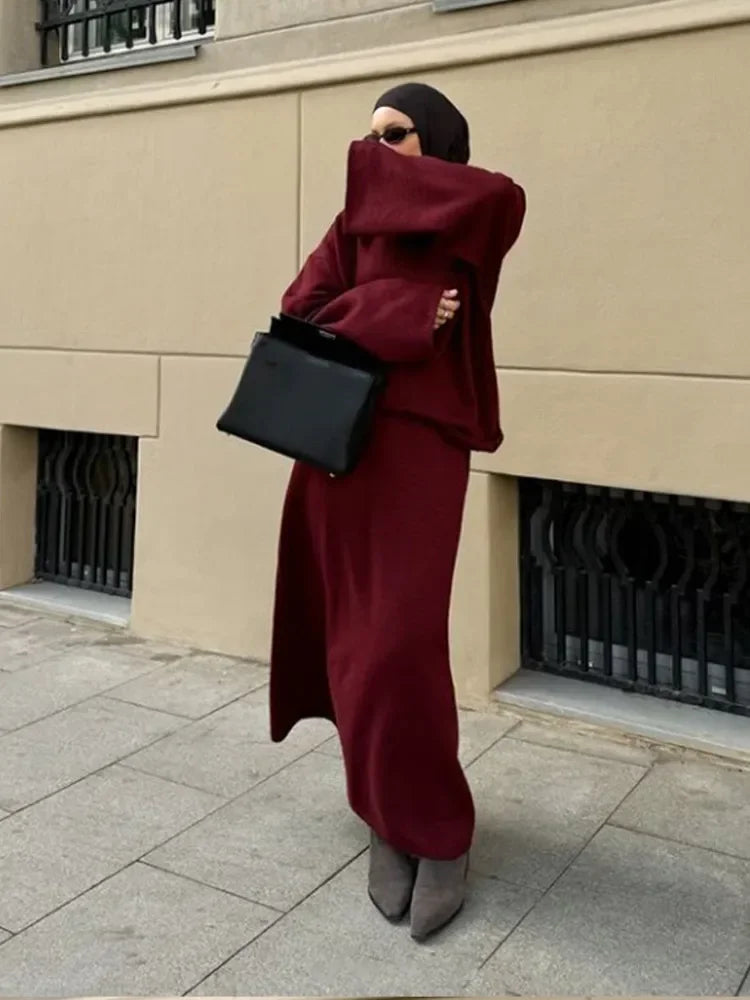 ﻿ Autumn Fashion Burgundy Red High Collar Knitted Set Women Solid Full Sleeve Long Skirt Outfit New Winter High Street Lady Suit - Seprincess