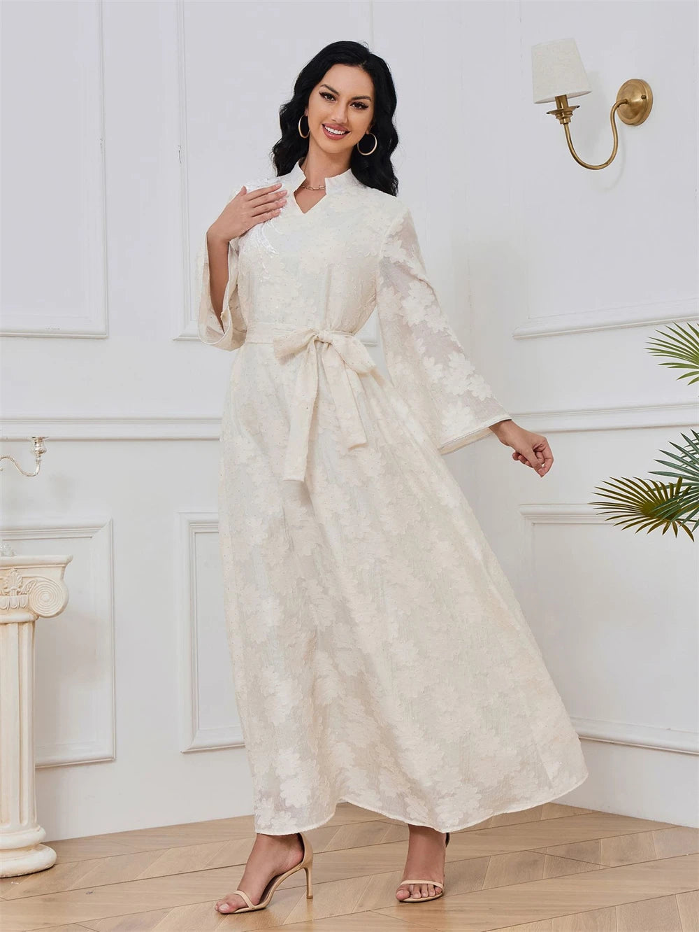 Exquisite Lace Formal Dress Muslim Style Kaftan Women's Dresses with Floral Appliques A Line Long Arabic Robe Cheap Dresses - Seprincess