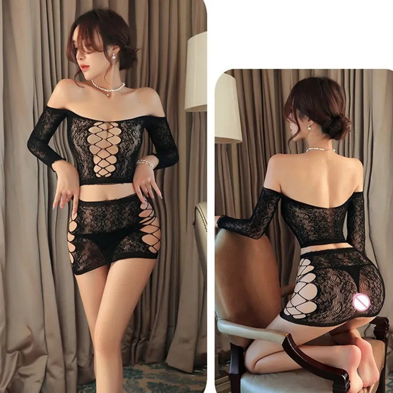 lingerie Hollow deep V-dew pattern two-piece set women underwear open crotch Held sexy xxx Sexy clothes - Seprincess