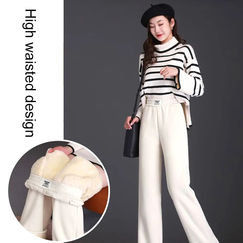 Women Warm Winter Plush Thick Pants Lambskin Cashmere Trousers High Waist Cotton Fleece Loose Female Plus Velvet Wide Leg Pants