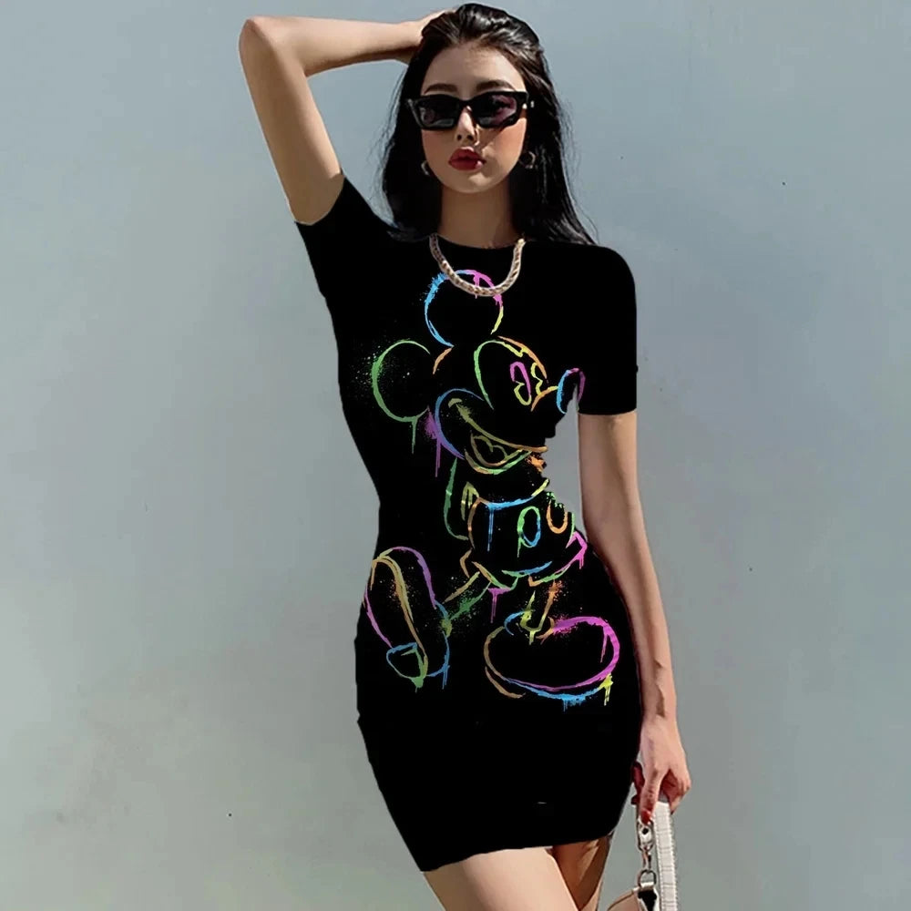 Women's Mickey Mouse print patchwork fashionable knee length O-neck dress, tight fitting summer sexy women's clothing - Seprincess