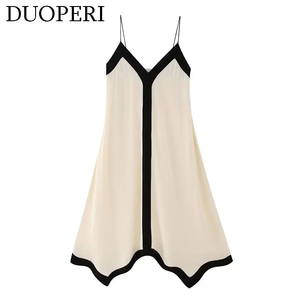 DUOPERI Women?Fashion?Patchwork?Loose?Midi?Camisole?Dress?V-Neck?Backless?Thin?Straps?Female?Chic?Lady?Casual?Long?Dress - Seprincess