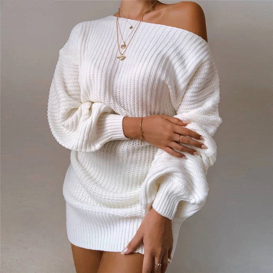 Knitted Sweater Dresses For Women Autumn Winter Loose Off Strapless Female Christmas Party Dresses - Seprincess