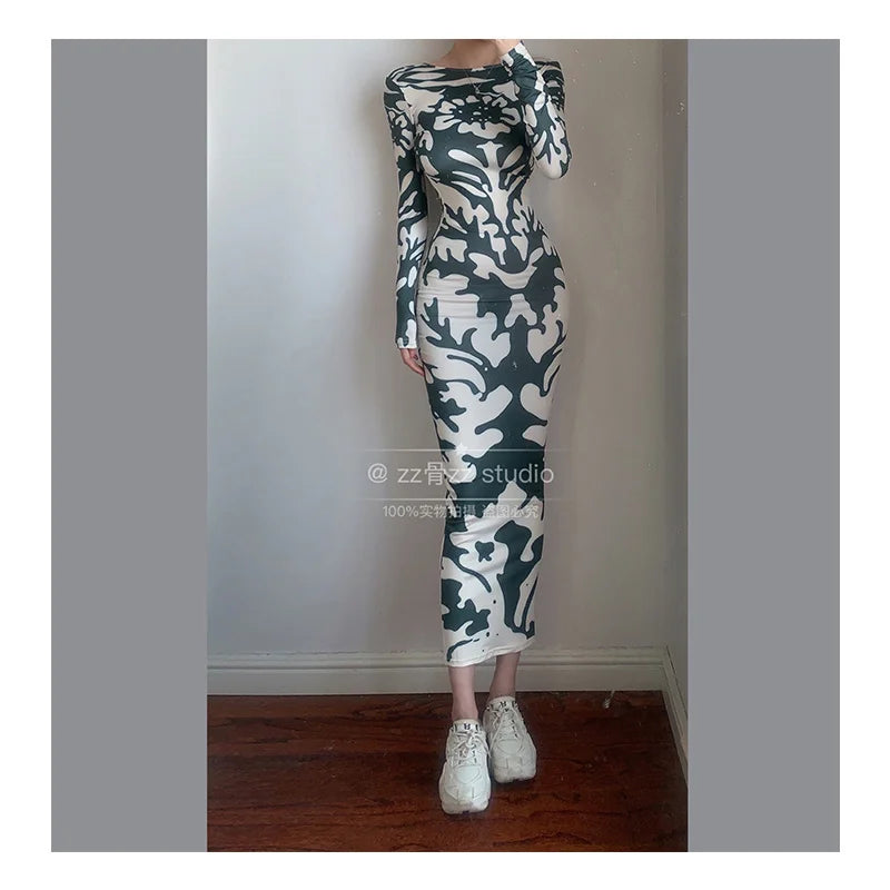 Winter New WOMENGAGA Sexy Backless Fashion Printing Elegant Skinny Slim Hip Maxi Dress Long Robe Hot Sexy Korean Women Top UC86 - Seprincess