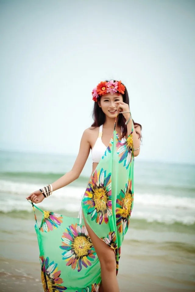 2023 Printed Cover-ups Sexy Beach Dress Women Halter Sling Chiffon Beach Towel Bikini Wrap Pareo Skirts Open-Back Swimwear