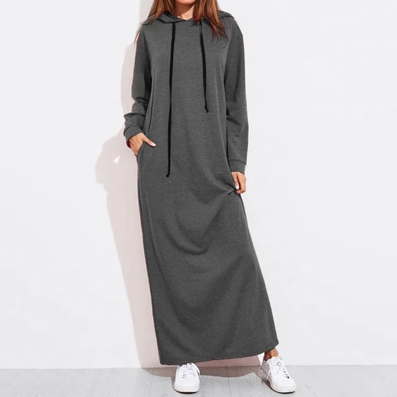 Celmia 2024 Autumn Women Hooded Maxi Dress Casual Solid Long Sleeve Pockets Party Hoodies Dress Long Vestido Robe Drawstring