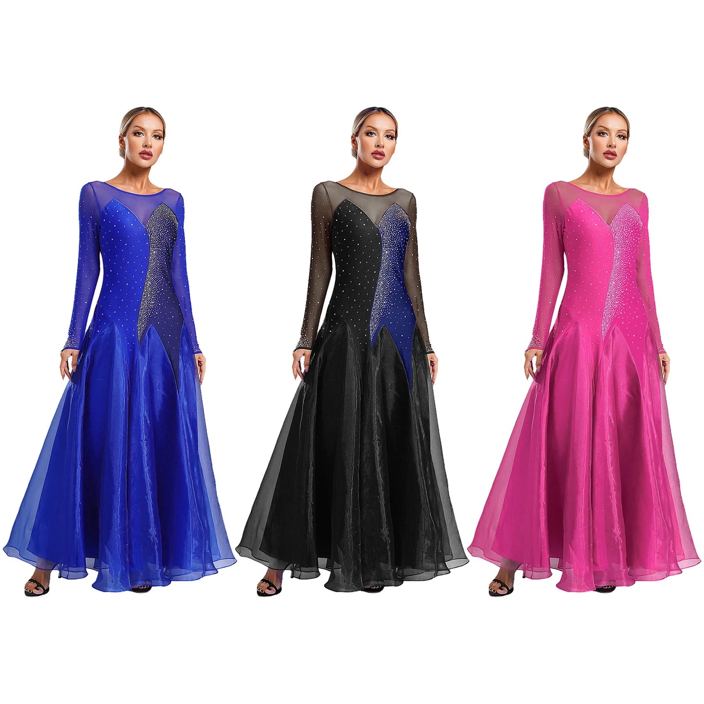 Womens Sheer Mesh Ballroom Dance Dresses Long Sleeve Shiny Rhinestones Dress for Lyrical Waltz Cha-Cha Performance Competition - Seprincess