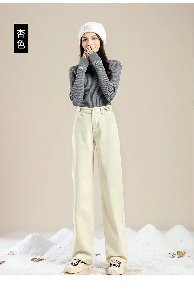 Women Pants 2023 Winter Fashion Korean Edition New Style Versatile High Waist Straight Cylinder Thick Fleece Wide Leg Jeans