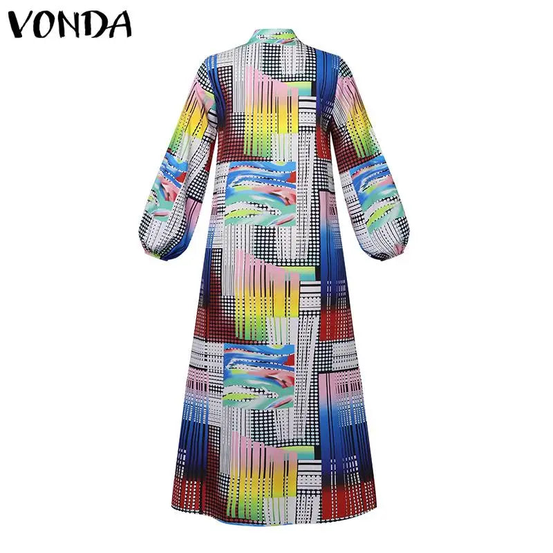 VONDA Plus Size Bohemian Printed Dress 2024 Autumn Women Elegant Long Sleeve Vintage Maxi Sundress Casual Buttons Loose Robe 5XL - Seprincess