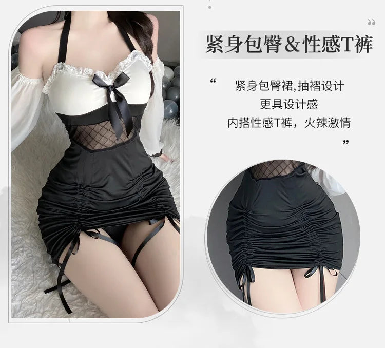 Sexy Female Secretary Chest Wrapping Drawstring Perspective Gauze Black White Splicing Puff Sleeve Bag Buttocks Dress Elegant NT - Seprincess