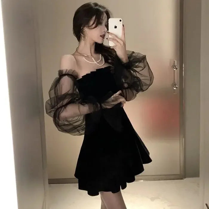 New Spring and Summer Sexy Mesh Puff Sleeve Black Strapless Puff Dress Women Woman Dress Vestido De Mujer Femme Robe - Seprincess