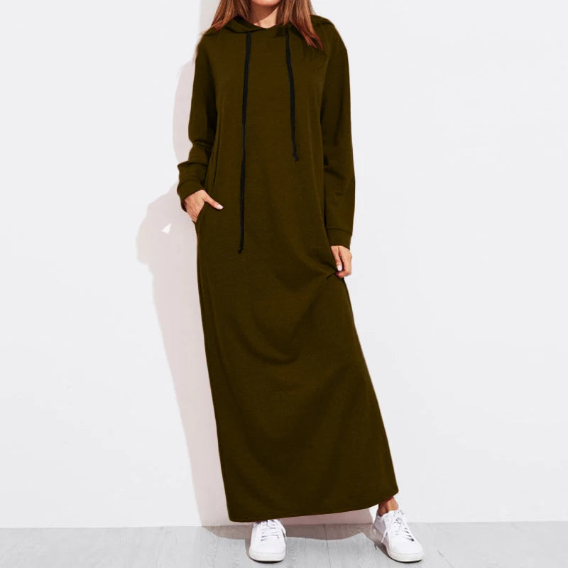 Celmia 2024 Autumn Women Hooded Maxi Dress Casual Solid Long Sleeve Pockets Party Hoodies Dress Long Vestido Robe Drawstring