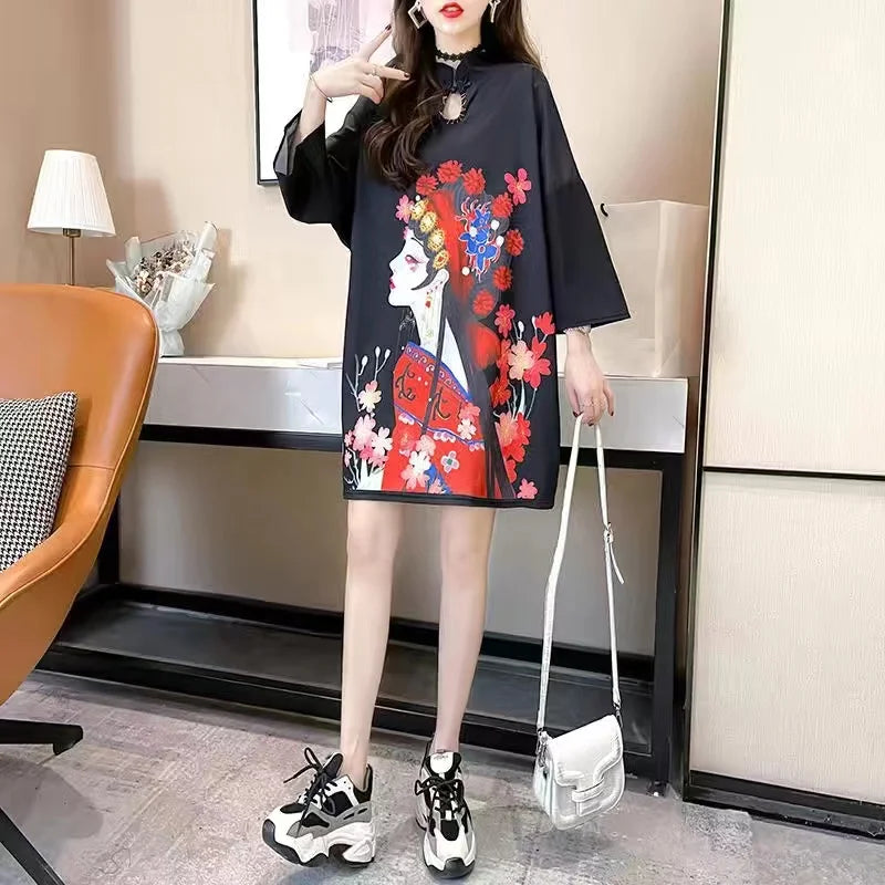 Chinese Fashion Print Dress Women Summer Long Sleeve National Style Cheongsam 2022 Modern Improve Vintage Elegant Loose Qipao - Seprincess