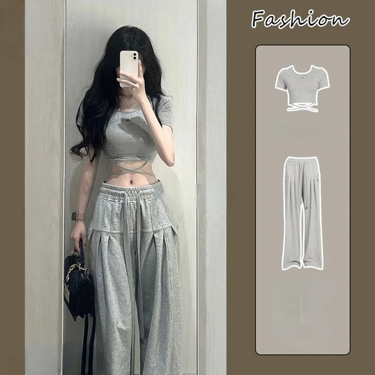 2 Piece Pant Sets 2024 Summer Casual Y2k Crop Top + Loose Trousers Sport Wear Korean Fashion Suits Chic Outwear T Shirts Blouse - Seprincess