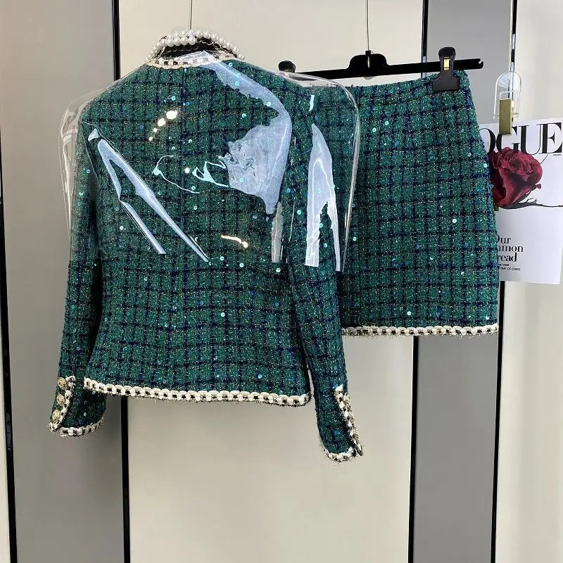 Women Elegant Vintage Tweed Fragrant Suit Jacke Coat Top And Skirt Two Piece Set Green Outfit Winter Jacquard Party Clothing - Seprincess