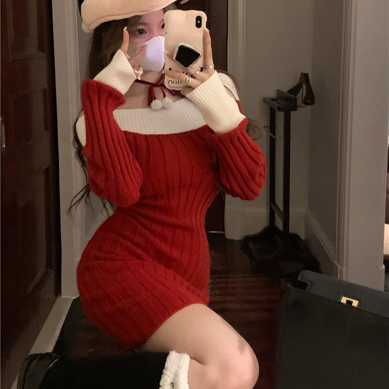 Sexy Red Christmas Dress Women Autumn Winter Korean Style Slash Neck Bodycon Knitted Dresses Female Elegant Y2k Party Mini Dress - Seprincess