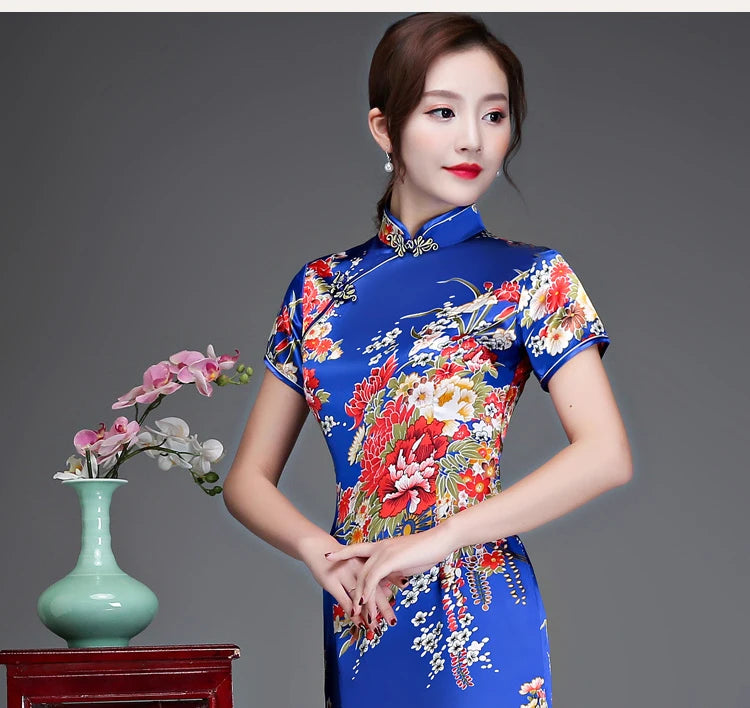 Old Shanghai Elegant Women Satin Qipao Slim 3/4 Sleeve Long Dress New Traditional Chinese Mandarin Collar Cheongsam Vestidos - Seprincess