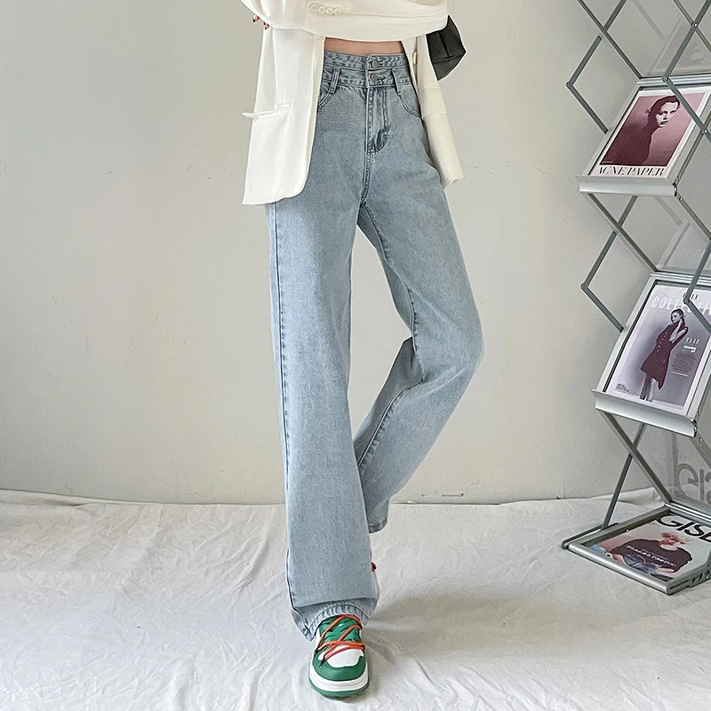 Fashion Denim Jeans Women Casual Autumn Spring Button Design Pants Loose Straight Brand High Quality New Arrivals Trousers