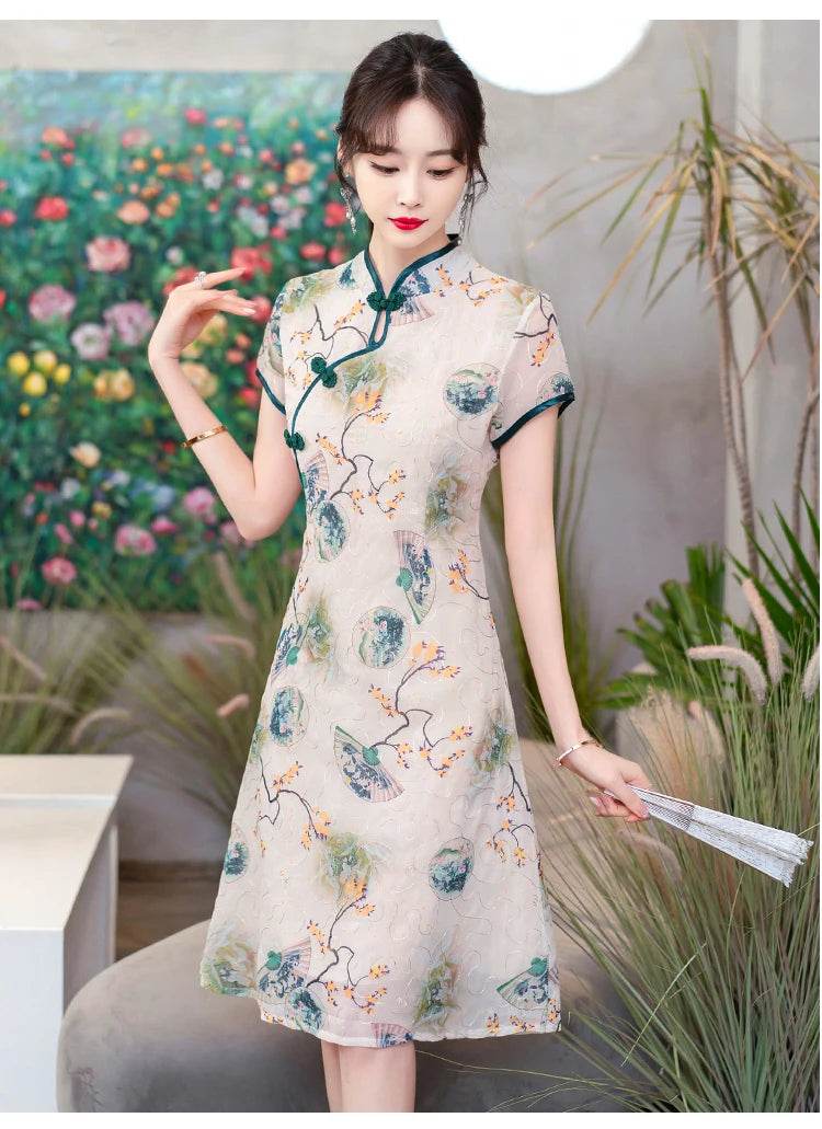 Fashion Modern Chinese Cheongsam A-line Dress Women Short Sleeve Qipao Traditional Chinese Clothes - Seprincess