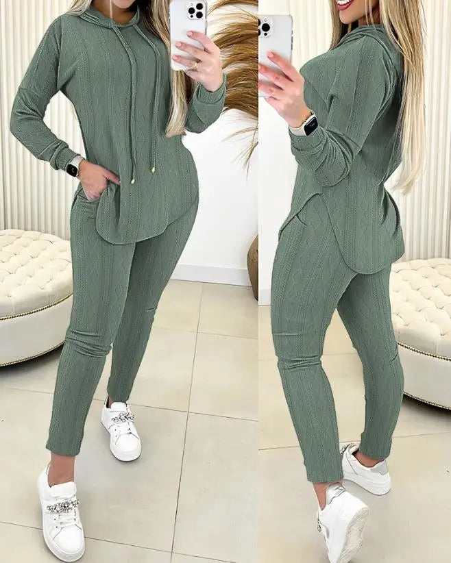 Casual Two Piece Sets Womens Outfits Cable Textured Long Sleeve Hooded Sweatshirt & Pocket Design Pants Set Fashion 2023 Autumn - Seprincess