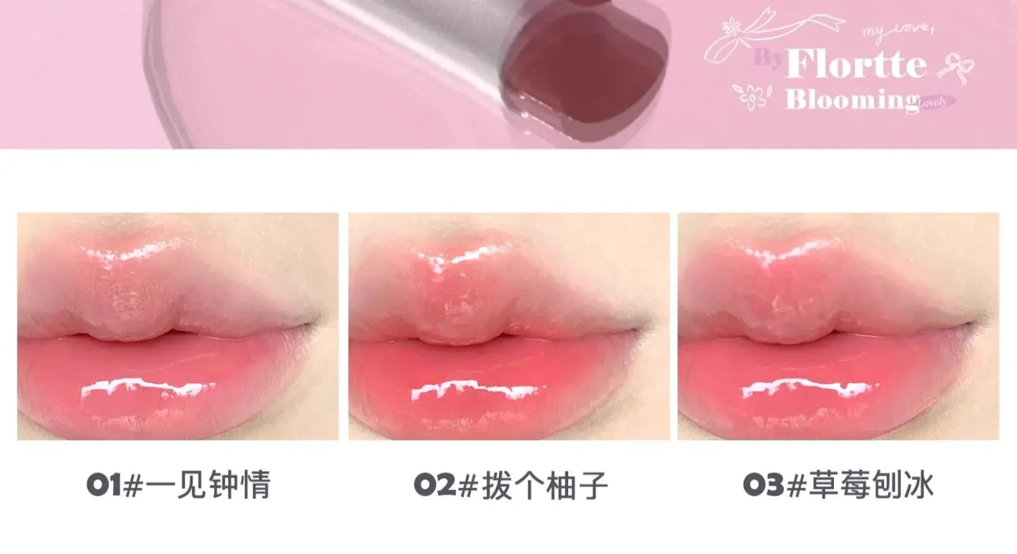 FLORTTE Lipstick Blooming Lovely Series Mirror Water Lip Glaze  Not Easy to Stick Cup Solid Lip Balm Cute Girls Makeup