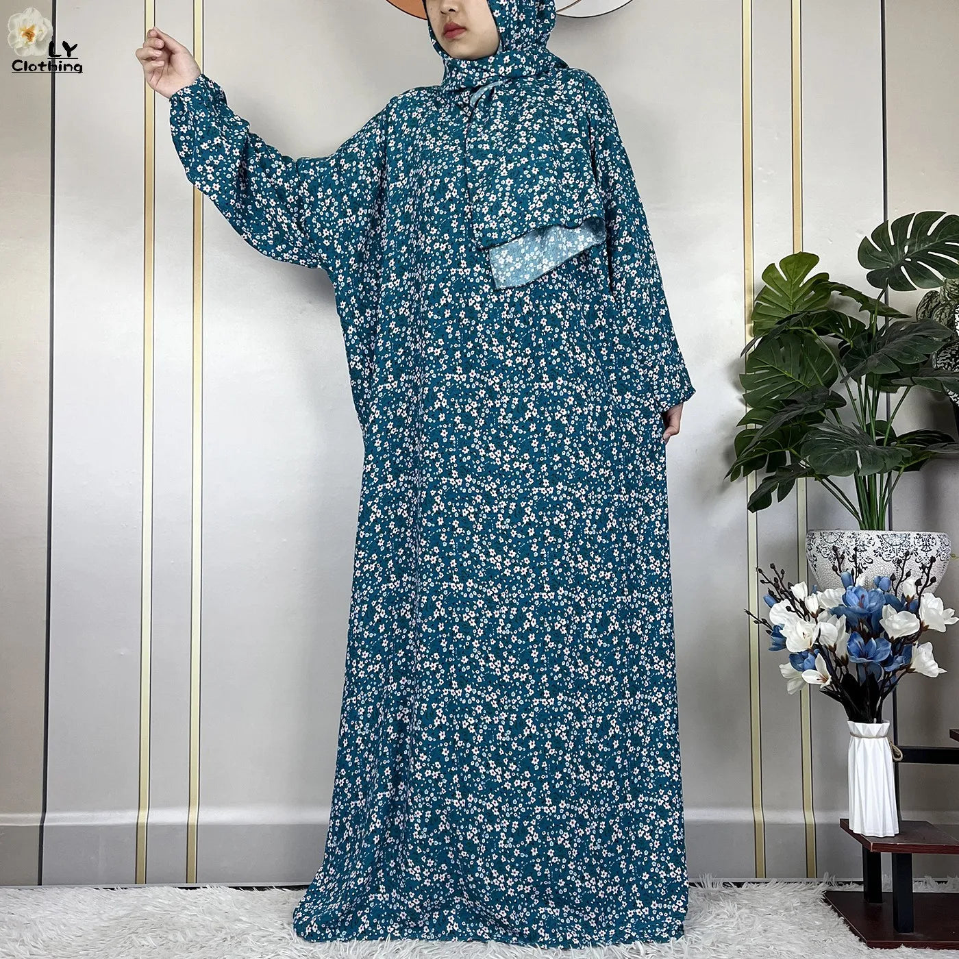 2024Latest Muslim Abayas For Women Ramadan Prayer Maxi Dubai Turkey Femme Cotton Robe Floral Loose African Dress Turban Attached