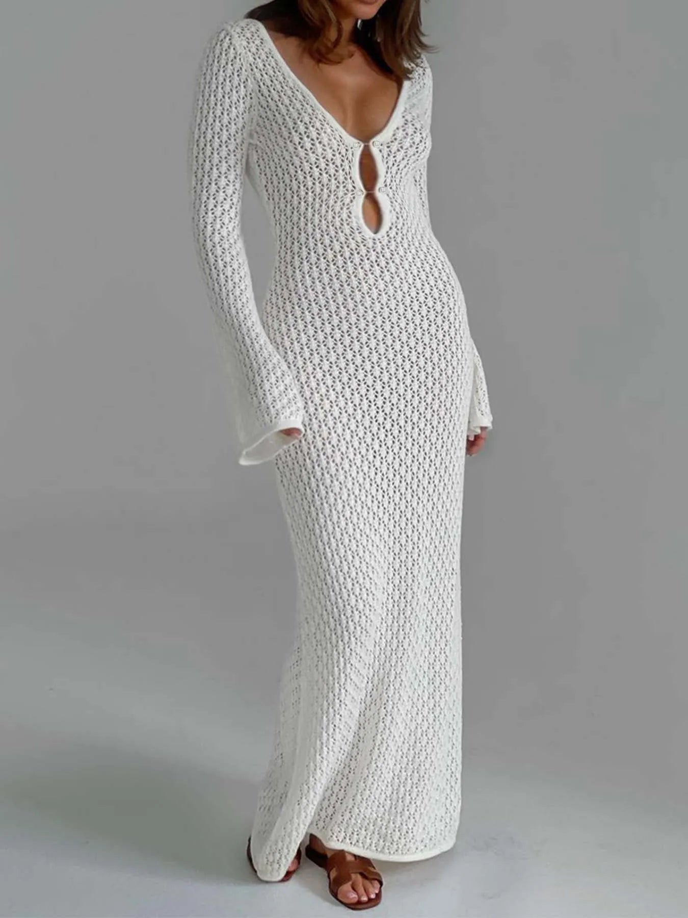 Sexy Women White Long Knit Sleeve Bikin Fashion Cover up Female See-Through Deep V-Neck Hollow-Out Beach Knitwear Backless Dress - Seprincess