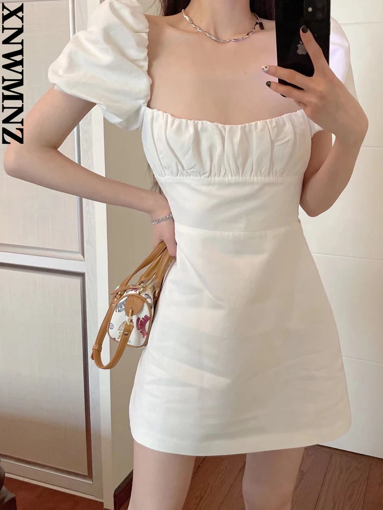 XNWMNZ 2022 women fashion linen blended dress holiday style square neck puff sleeves back cross straps female chic long skirt - Seprincess