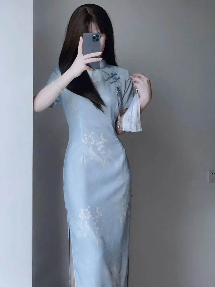 2024 Summer Cheongsam Improved Elegant Qipao Daily Slim Fit Blue Gentle Comfortable Qipao Long Vintage Dress - Seprincess