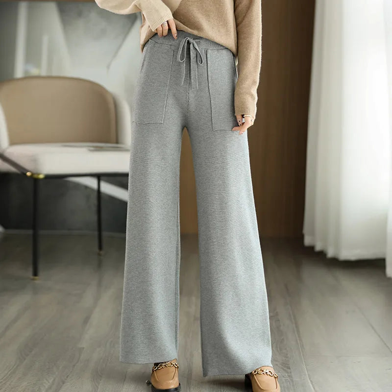 Women's Merino Wool Knitted Pants Office Lady Simple High Waist Straights Trousers Cashmere Wool Autumn Winter Thick Knitwear