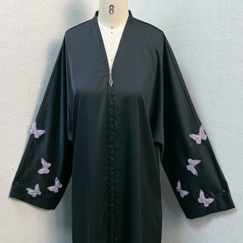 Eid Muslim Abayas for Women Butterfly Embroidery Zipper Up Cardigan Party Abaya Caftan Ramadan Dubai Arab Long Robe 2024 Dress - Seprincess