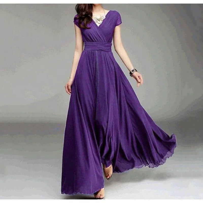 2023 Women Ladies Clothing Short-Sleeve Sexy Club Boho Beach Dress Lady Summer Deep V Neck Party Long Maxi Dress - Seprincess