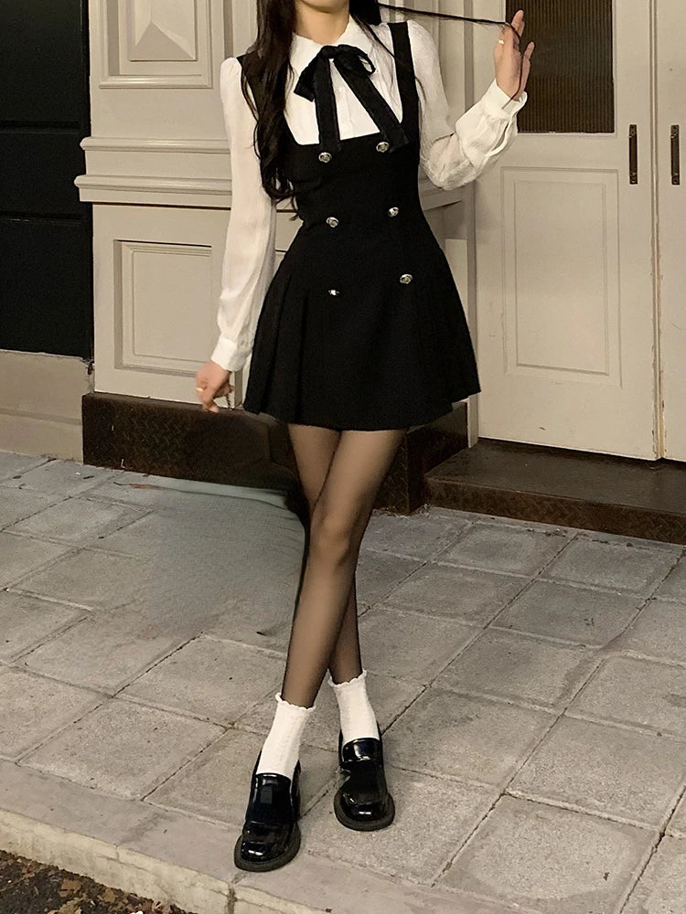 2022 Autumn Fake Two Dress Women Slim Chic Long Sleeve Bow Casual Y2k Mini Dress Female Korean Fashion Elegant Short Party Dress - Seprincess