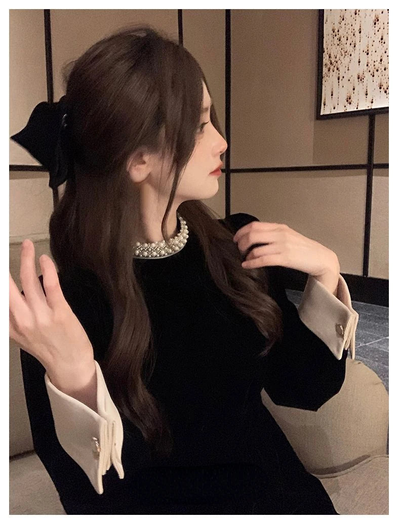 2024 Sweet Woman Party Dresses Korean Vintage Velvet Black Dress Patchwork Robe Elegant Clothes All Match Pearl Vestidos Mujer - Seprincess