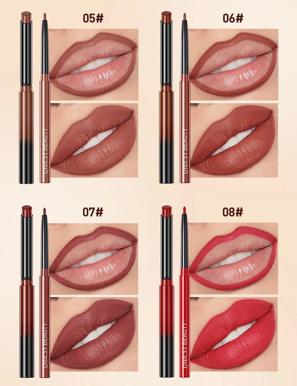 QIBEST 2pcs Matte Lipstick Lipliner Pen Makeup Set Nude Lip Liner Pencil Long Lasting Lipstick Pen Contour Waterproof Lip Stain - Seprincess