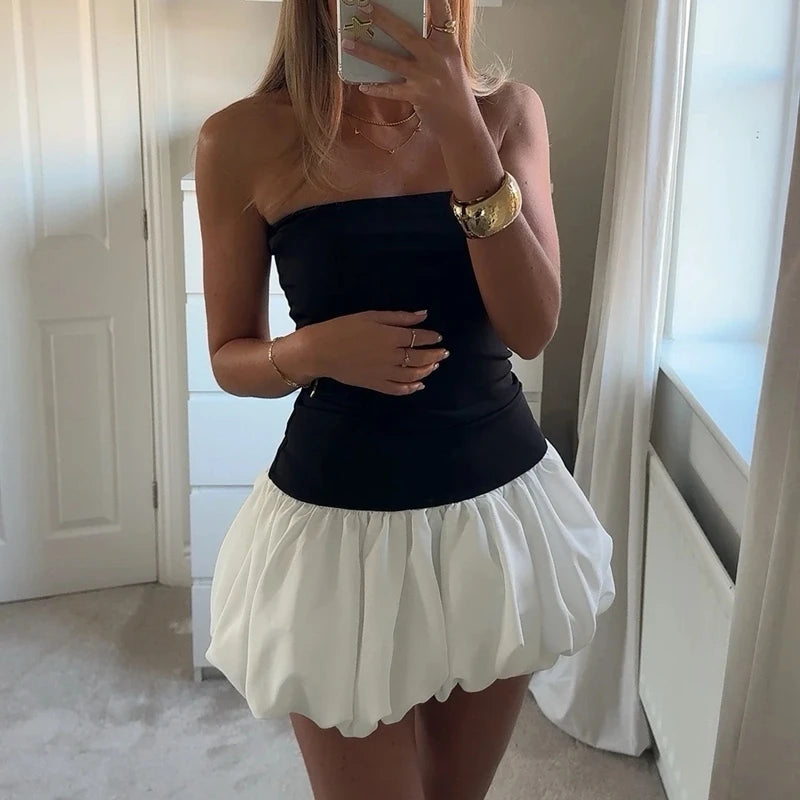 Vintage Strapless Mini Dress Summer Off Shoulder Backless Puff Bubble Dress Cocktail Party Night Short Dresses Women Streetwear - Seprincess