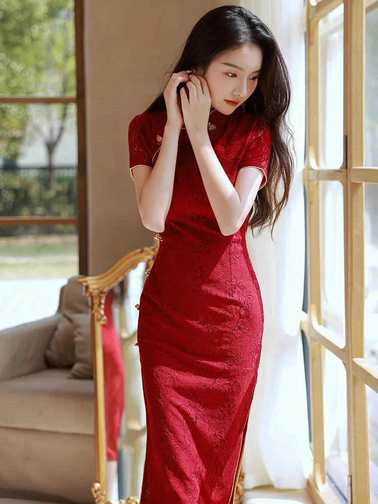 Wine Red Wedding Cheongsam Short Sleeve Vintage Improved Women Summer Lace Dress Slim-fit Elegant Qipao S To XXL Evening Dress - Seprincess