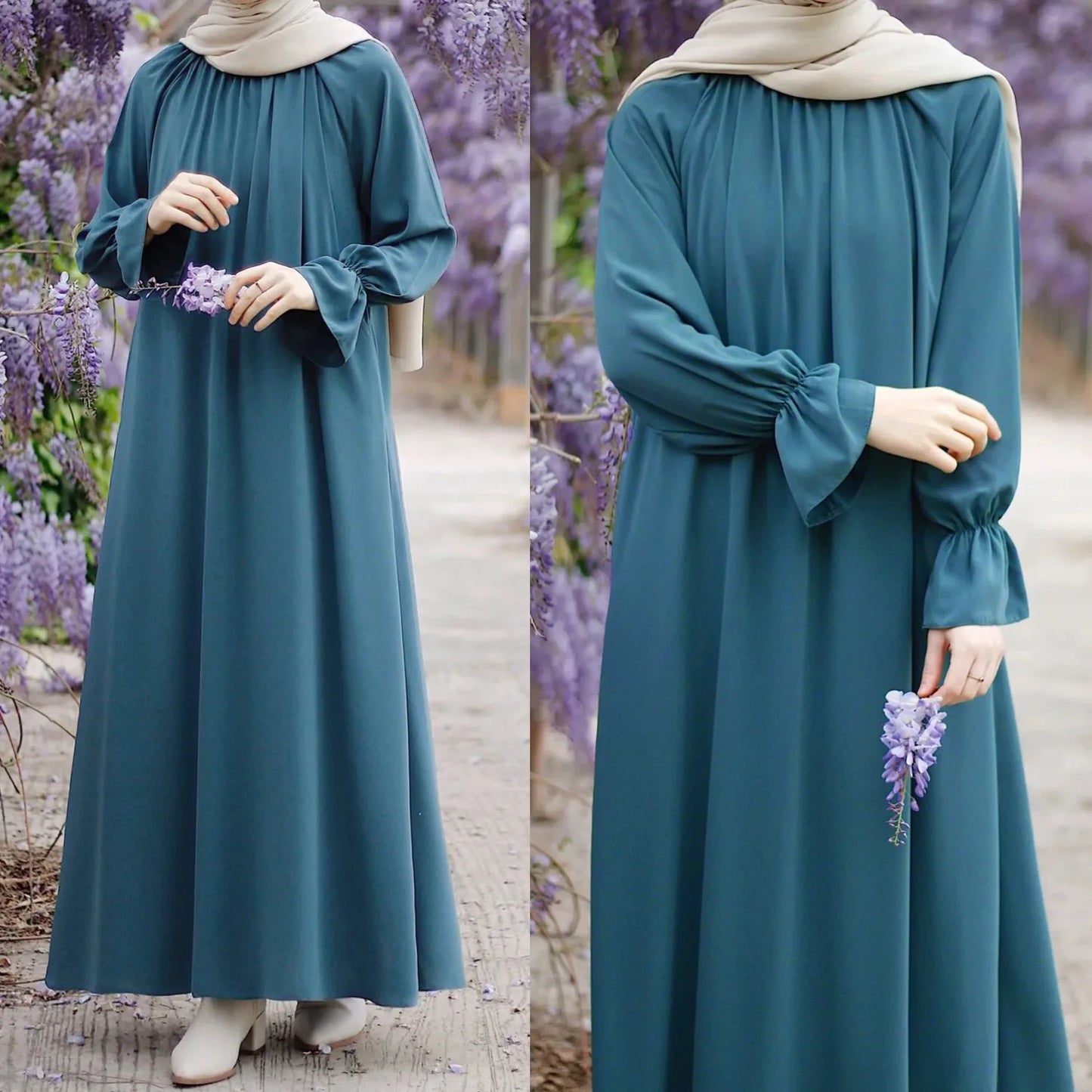 Fashion Chiffon Muslim Abaya Autumn Long Sleeve Wear With Pockets Femme Dress Islamic Clothing For Women Kaftans Solid