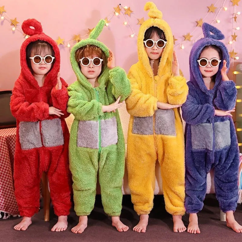 Kawaii Cartoon Teletubbies Plush One-Piece Pajamas Kid Teletubbies Costumes Adult Warm Home Clothes Cosplay Party Wear Girl Gift - Seprincess