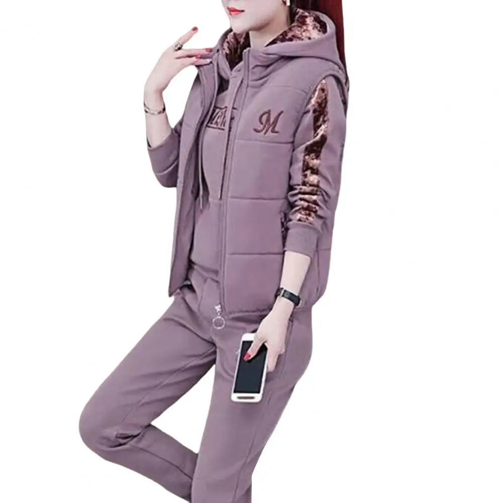 Fashion Warm Three Piece Set Women Outfit 2022 Fall Winter Thicken Tracksuit Casual Waistcoat + Hoodies + Pant Female Sweat Suit - Seprincess