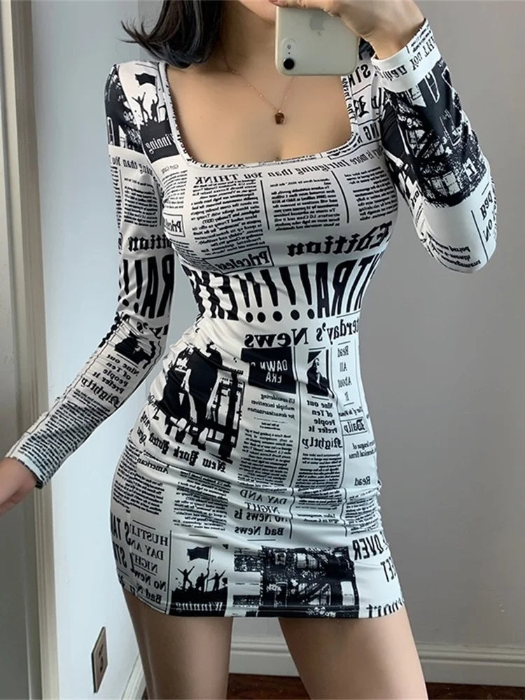 Hot-selling Printed Europe Newspaper Sexy Mini Dress 2020 Autumn New Fashion Street Shooting Slim Girl Female Square Collar ZW0 - Seprincess