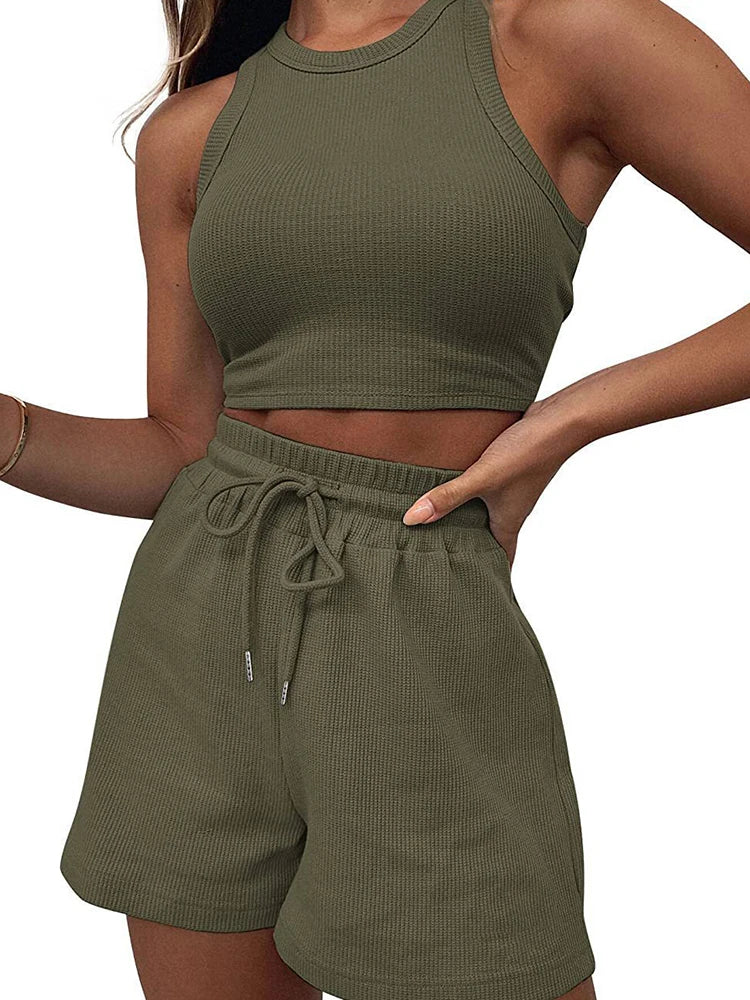 2024 Summer New Sleeveless Waffle Elegant Women's Sets Solid Color Sexy Waist Vest Casual Tethered Shorts Female's Two-Piece Set