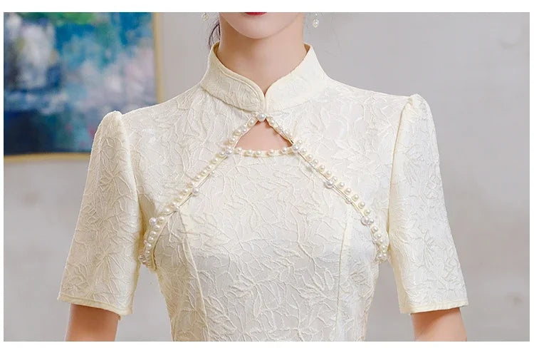 Summer New Retro Short Sleeve Wedding Lace Cheongsam Chinese Traditional Modern Women Qipao Dress - Seprincess