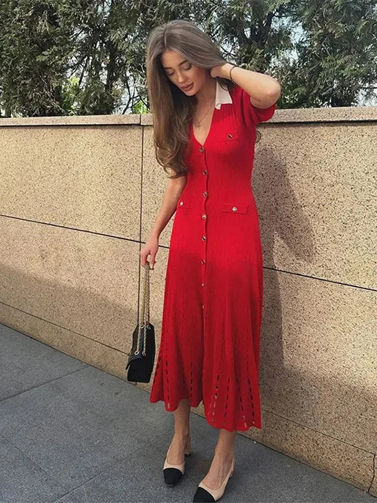 V-Neck Bubble Sleeved Knitted Beach Dresses Waist Cinched Hollowed Out Slimming Red Long Dress Single Breasted Button Women Robe - Seprincess