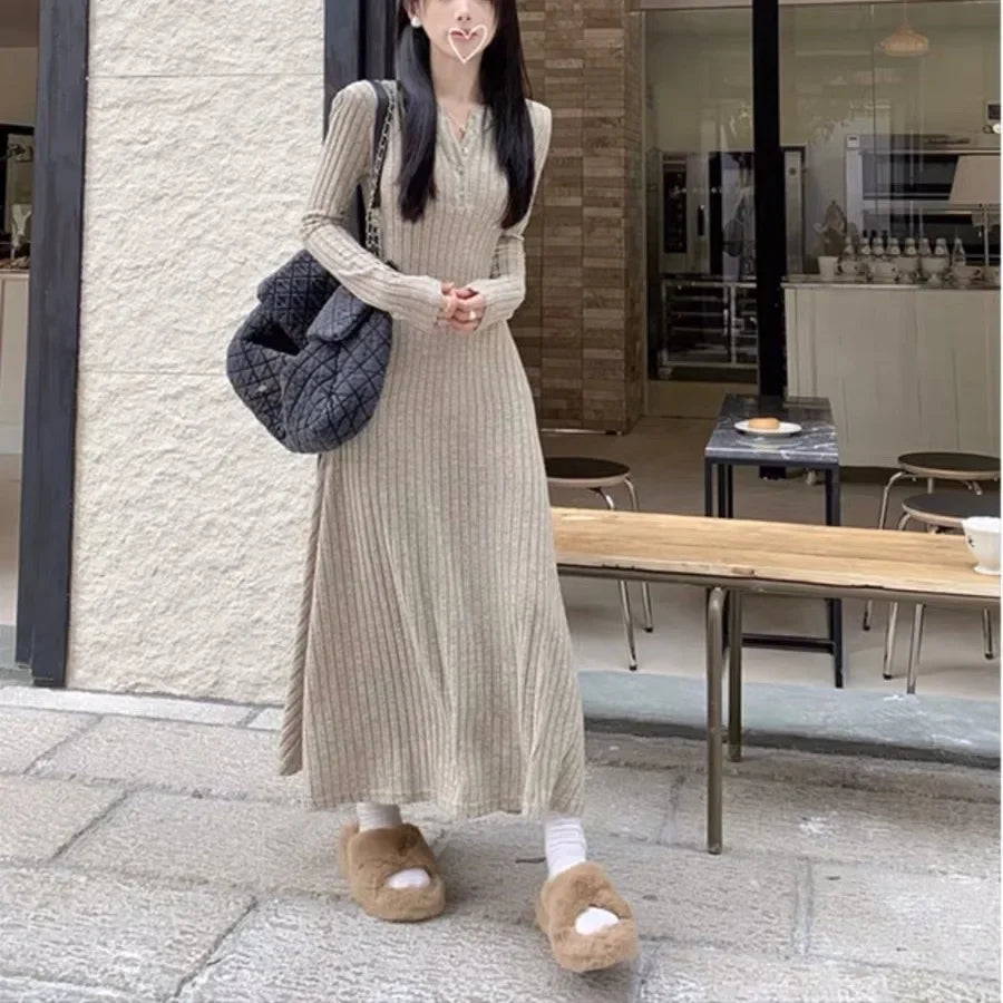 Vintage Versatile Knitted Long Sleeve Dress Women's Slimming A- line Skirt Autumn/winter Waist-fitted Long Dress - Seprincess