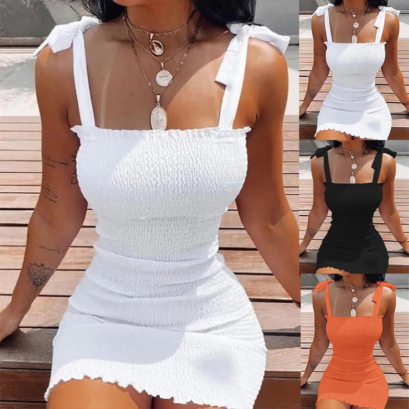 Trendy Solid Strap Short White Dresses Off Shoulder Sexy Skirt Pullover Sheath Mini Summer Beach Female Vest Dress - Seprincess