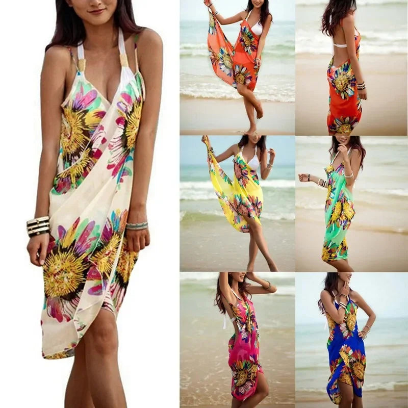 Summer Beach Dress Swimsuits Women Beach Bikini Cover Up Printed Pareo Chiffon Wrap Skirt Sarong Scarf Beachwear Bathing Suit - Seprincess